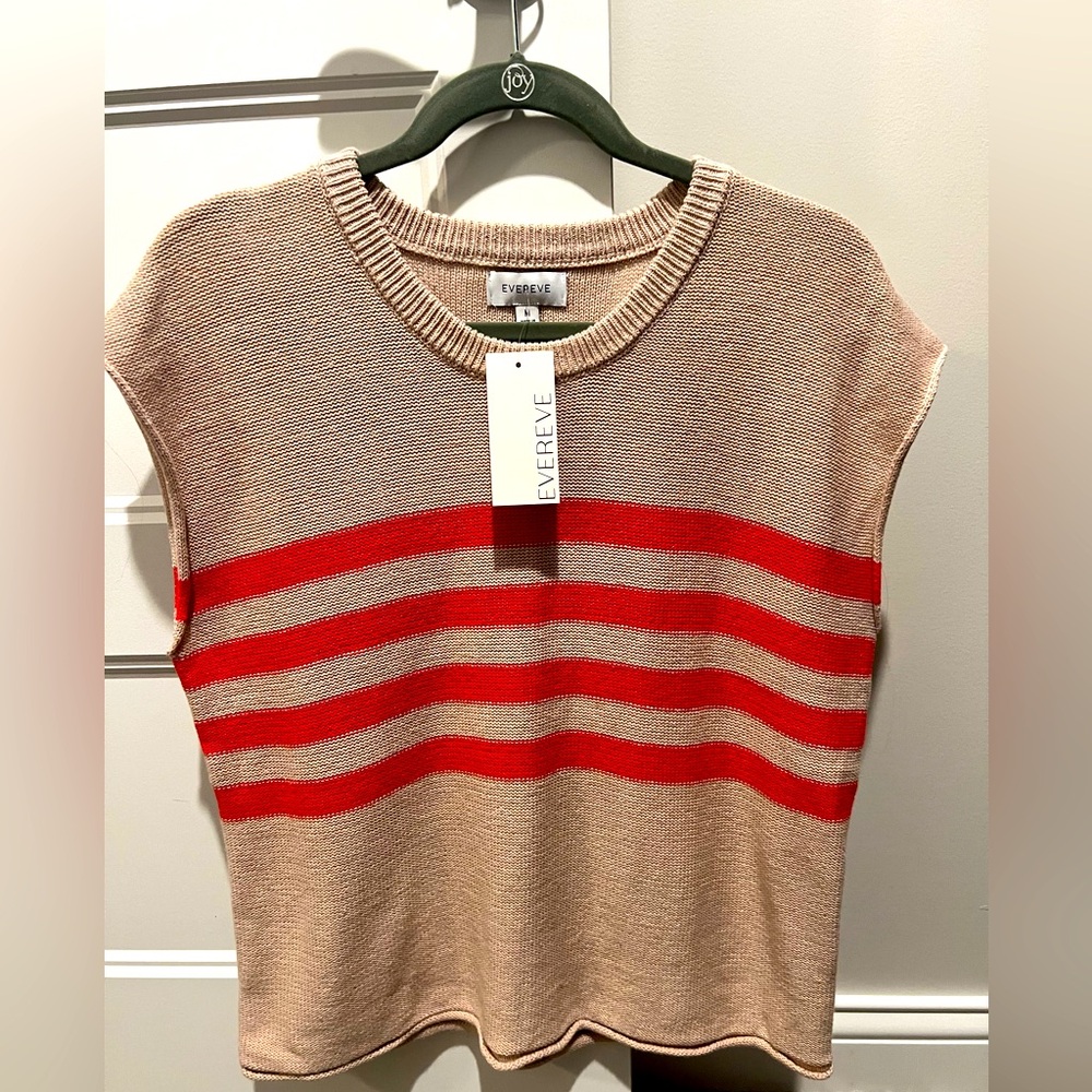 Evereve Jane Pullover Sweater, Tan with red stripes, size M, NWT